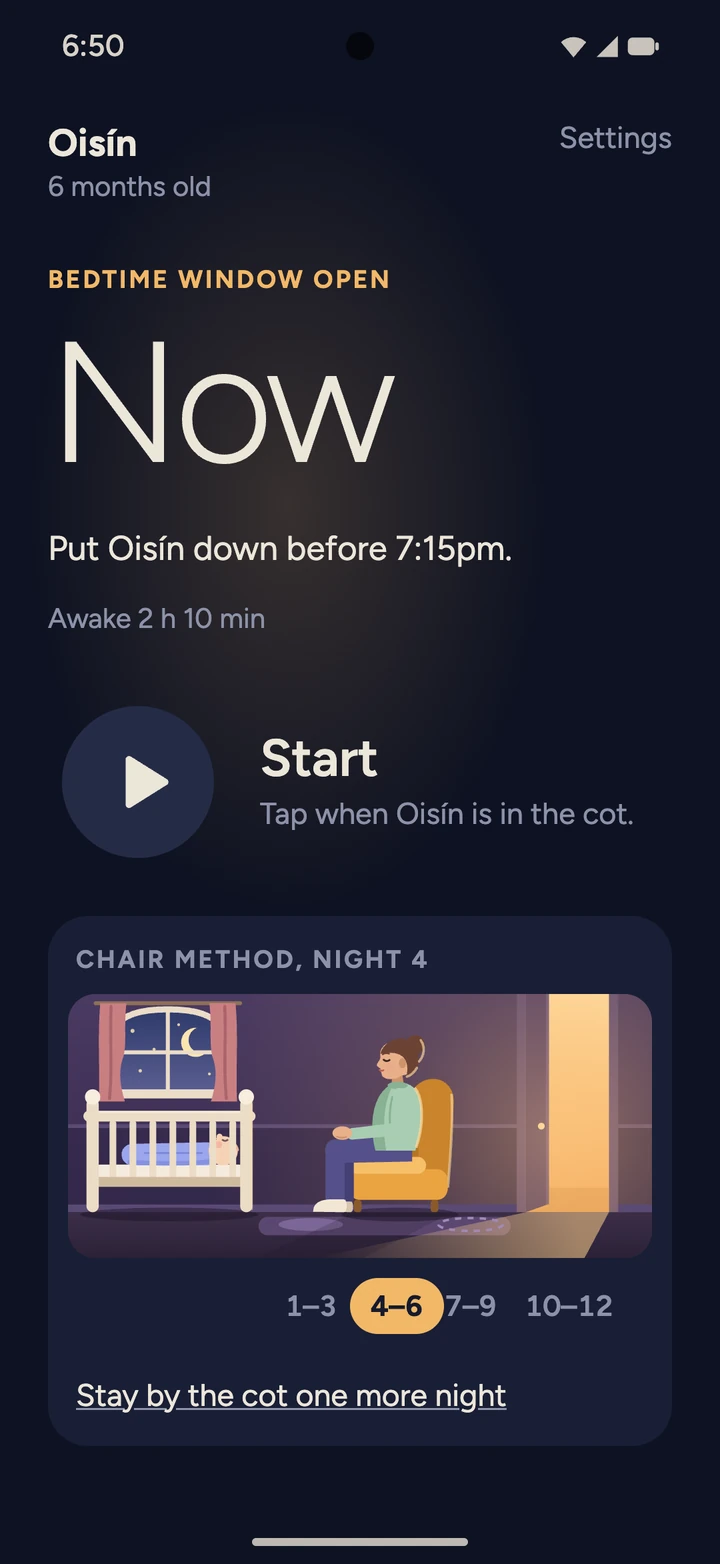 Bedtime on night 4 of the chair method: a picture of a parent in a chair halfway between the cot and the door, and a Start button to tap when Oisín is in the cot.