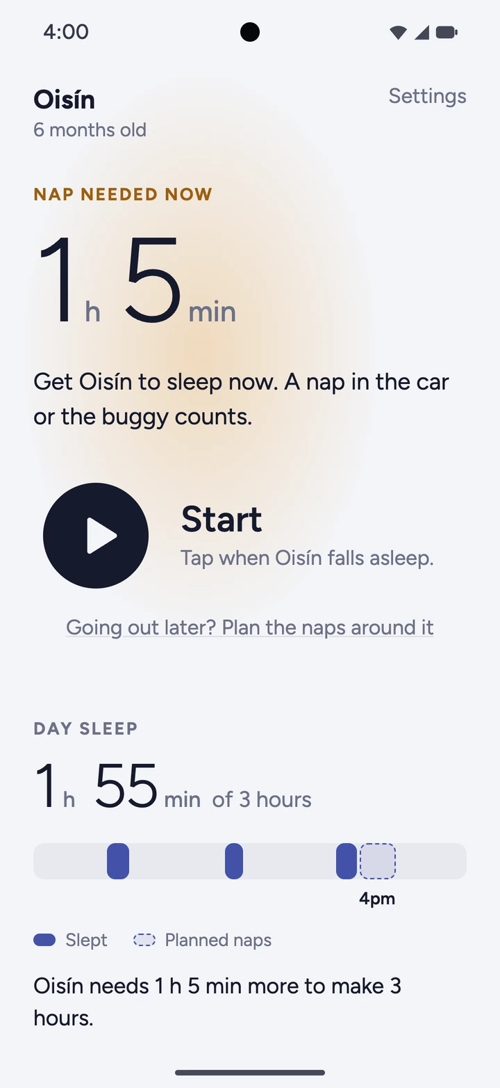 Nap needed now: Oisín needs 1 hour 5 minutes more to make 3 hours of day sleep.