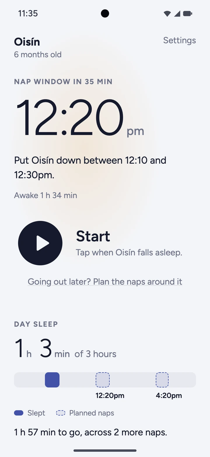Baby Nap Track's main screen: nap window in 35 minutes, 12:20pm, put Oisín down between 12:10 and 12:30pm.